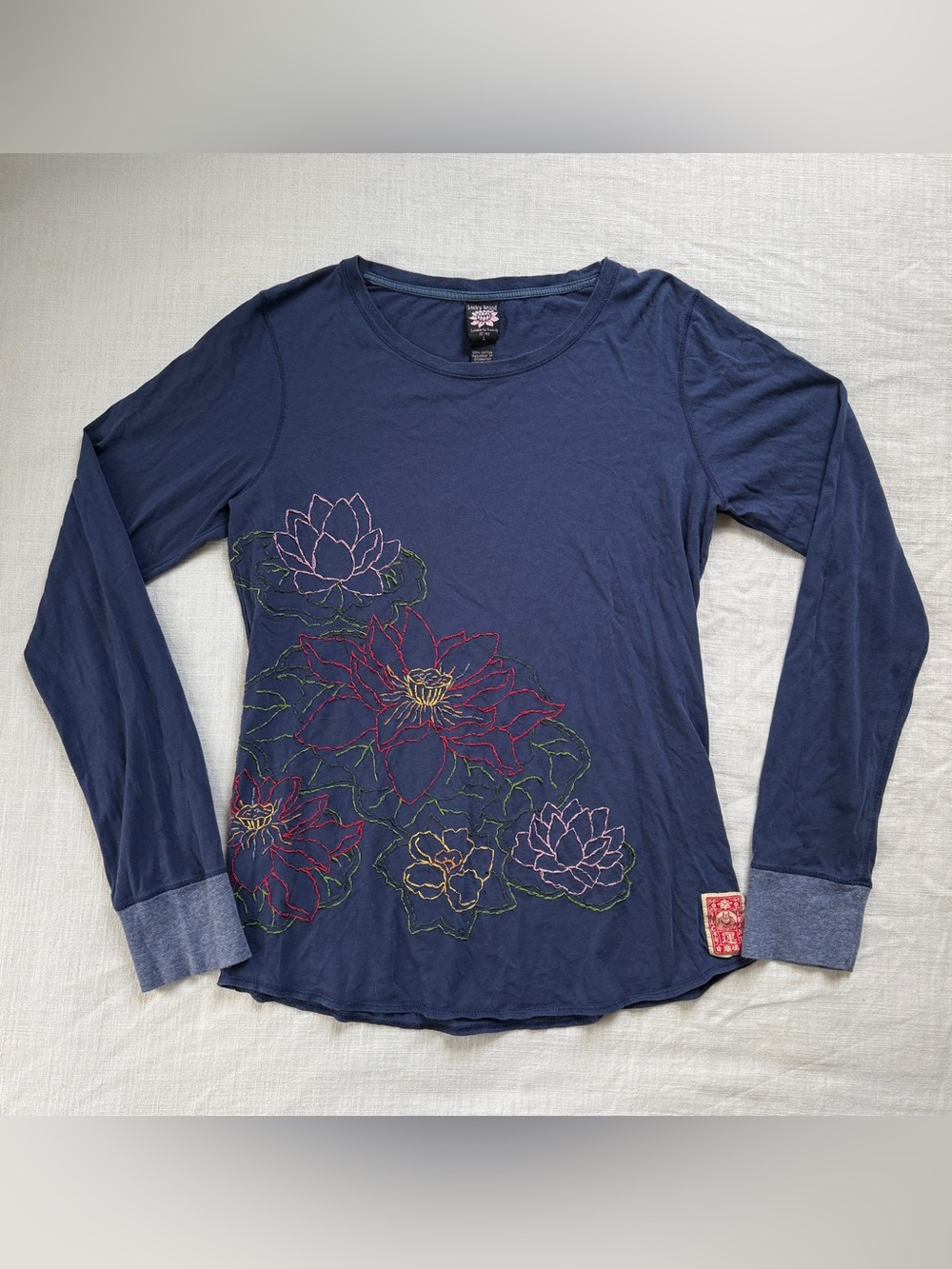 Vintage Lucky Brand Lotus Embroidered Cotton Long Sleeve Top L Boho